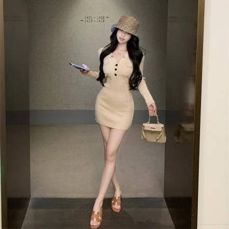 FA49841# 韩国复古小众长袖包臀裙女辣妹性感收腰显瘦连衣裙秋冬气质打底裙 服裝批發女裝批發服飾貨源