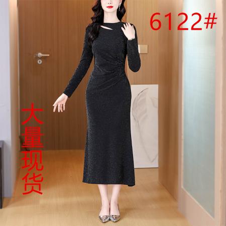 FA49844# 亮丝长袖连衣裙女内搭黑色显瘦修身打底针织长裙 服裝批發女裝批發服飾貨源