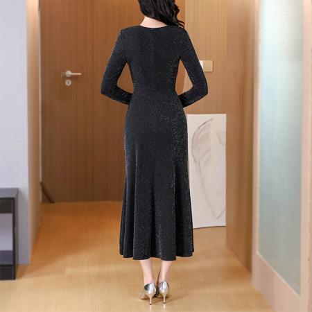 FA49844# 亮丝长袖连衣裙女内搭黑色显瘦修身打底针织长裙 服裝批發女裝批發服飾貨源