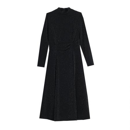 FA49844# 亮丝长袖连衣裙女内搭黑色显瘦修身打底针织长裙 服裝批發女裝批發服飾貨源