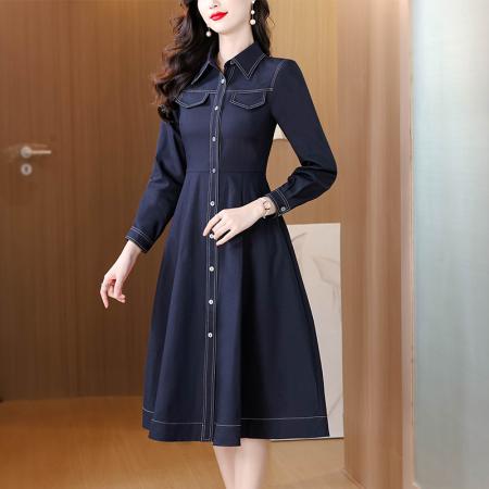 FA49845# 时尚藏蓝色衬衫连衣裙女秋季新款休闲通勤大摆裙子 服裝批發女裝批發服飾貨源