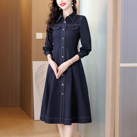 FA49845# 时尚藏蓝色衬衫连衣裙女秋季新款休闲通勤大摆裙子 服裝批發女裝批發服飾貨源