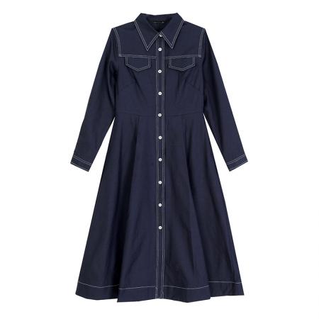 FA49845# 时尚藏蓝色衬衫连衣裙女秋季新款休闲通勤大摆裙子 服裝批發女裝批發服飾貨源