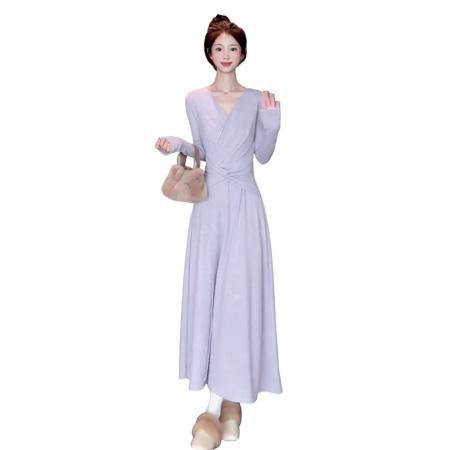 FA49846# 秋冬新款高级感内搭打底收腰长裙法式气质v领针织连衣裙子女 服裝批發女裝批發服飾貨源