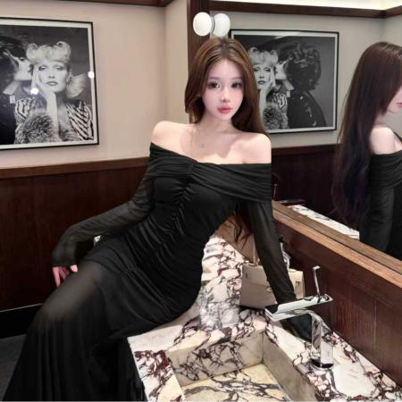 FA49847# 高级感网纱连衣裙一字肩生日宴会高端轻奢小众打底礼服长裙 服裝批發女裝批發服飾貨源