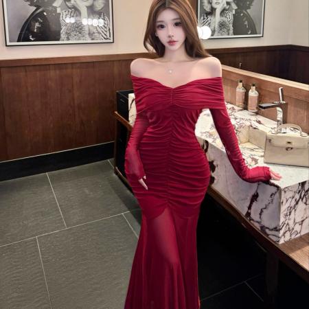 FA49847# 高级感网纱连衣裙一字肩生日宴会高端轻奢小众打底礼服长裙 服裝批發女裝批發服飾貨源