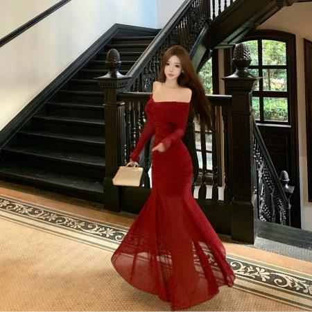 FA49847# 高级感网纱连衣裙一字肩生日宴会高端轻奢小众打底礼服长裙 服裝批發女裝批發服飾貨源