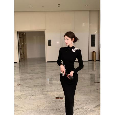 FA49850# 秋装新款复古改良开叉修身显瘦连衣裙 服裝批發女裝批發服飾貨源