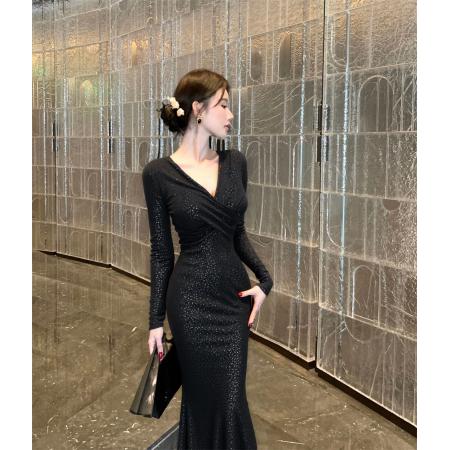 FA49851# 秋冬新款V领交叉修身收腰显瘦打底长连衣裙 服裝批發女裝批發服飾貨源