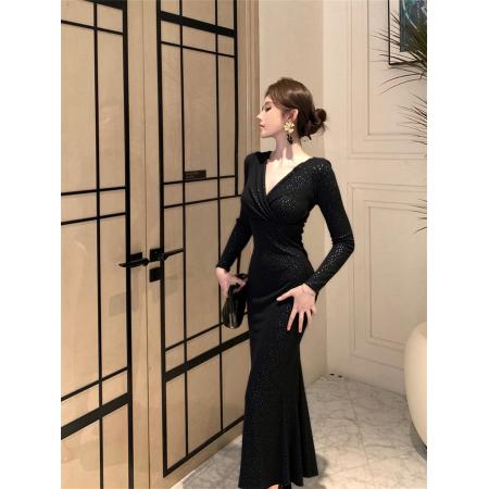 FA49851# 秋冬新款V领交叉修身收腰显瘦打底长连衣裙 服裝批發女裝批發服飾貨源