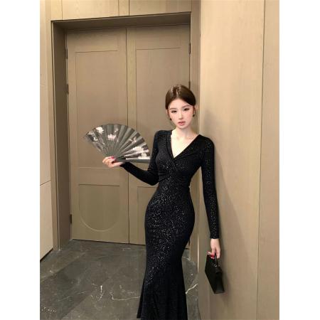 FA49851# 秋冬新款V领交叉修身收腰显瘦打底长连衣裙 服裝批發女裝批發服飾貨源