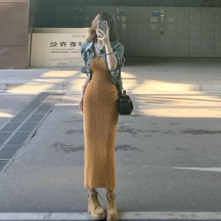 FA49855# 法式黄色针织连衣裙子女装新款巨好看早秋季内搭打底修身长裙 服裝批發女裝批發服飾貨源