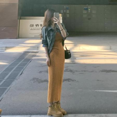 FA49855# 法式黄色针织连衣裙子女装新款巨好看早秋季内搭打底修身长裙 服裝批發女裝批發服飾貨源