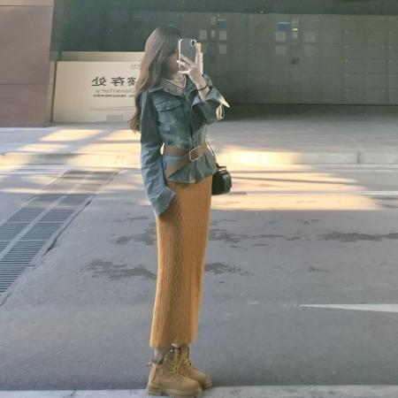 FA49855# 法式黄色针织连衣裙子女装新款巨好看早秋季内搭打底修身长裙 服裝批發女裝批發服飾貨源