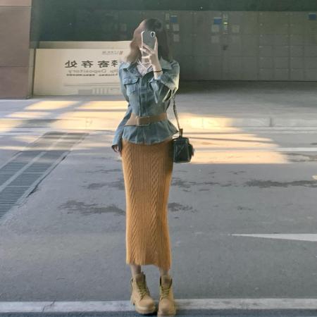 FA49855# 法式黄色针织连衣裙子女装新款巨好看早秋季内搭打底修身长裙 服裝批發女裝批發服飾貨源