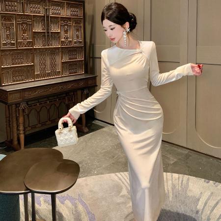 FA49856# 名媛气质设计感镂空晚礼服长裙褶皱收腰显瘦生日聚会连衣裙 服裝批發女裝批發服飾貨源