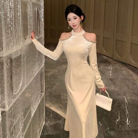 FA49858# 秋季名媛御姐风丝绒亮片高端聚会礼服长裙挂脖性感露肩连衣裙 服裝批發女裝批發服飾貨源