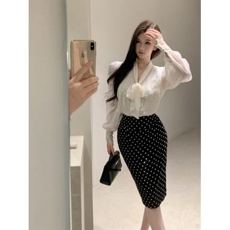 FA49860# 复古性感蝴蝶结气质蕾丝拼接长袖衬衫+波点包臀半身裙女 服裝批發女裝批發服飾貨源