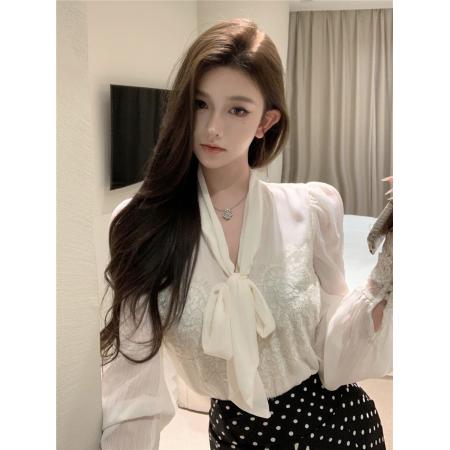 FA49860# 复古性感蝴蝶结气质蕾丝拼接长袖衬衫+波点包臀半身裙女 服裝批發女裝批發服飾貨源