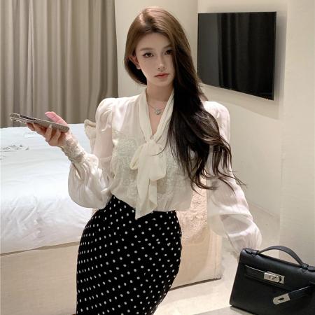 FA49860# 复古性感蝴蝶结气质蕾丝拼接长袖衬衫+波点包臀半身裙女 服裝批發女裝批發服飾貨源