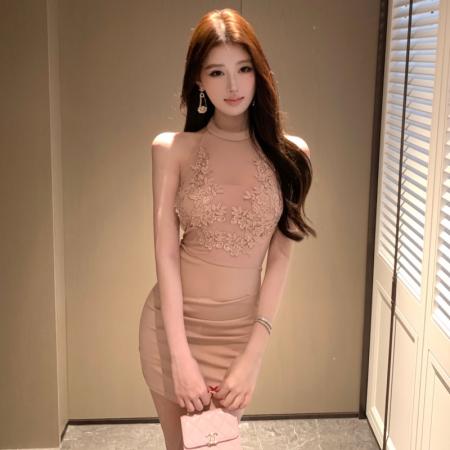 FA49863# 温柔网纱拼接蕾丝花朵设计感挂脖连衣裙 服裝批發女裝批發服飾貨源