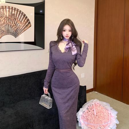 FA49867# 轻熟御姐穿搭复古紫色V领蕾丝气质收腰蝴蝶结丝带长款连衣裙 服裝批發女裝批發服飾貨源