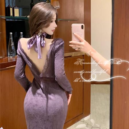FA49867# 轻熟御姐穿搭复古紫色V领蕾丝气质收腰蝴蝶结丝带长款连衣裙 服裝批發女裝批發服飾貨源