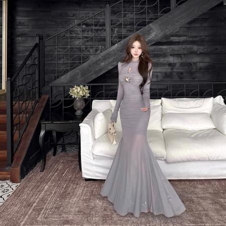 FA49868# 春秋新款法式纯欲立领镂空网纱鱼尾长裙修身收腰长袖连衣裙 服裝批發女裝批發服飾貨源