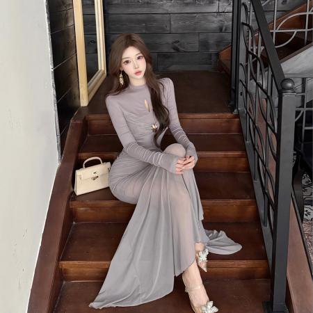 FA49868# 春秋新款法式纯欲立领镂空网纱鱼尾长裙修身收腰长袖连衣裙 服裝批發女裝批發服飾貨源