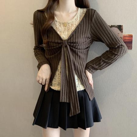 FA49869# 新款大码假两件时尚拼接蕾丝蝴蝶结百搭上衣秋冬打底衫 服裝批發女裝批發服飾貨源