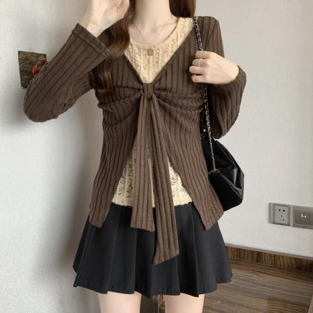 FA49869# 新款大码假两件时尚拼接蕾丝蝴蝶结百搭上衣秋冬打底衫 服裝批發女裝批發服飾貨源