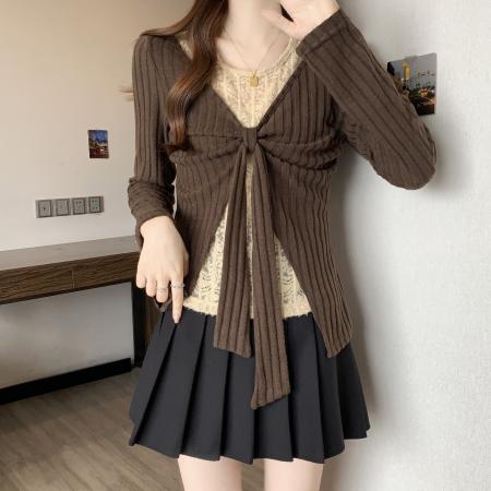 FA49869# 新款大码假两件时尚拼接蕾丝蝴蝶结百搭上衣秋冬打底衫 服裝批發女裝批發服飾貨源