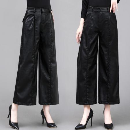 FA49875# PU皮裤韩版宽松八分裤阔腿裤女秋冬新款潮流大码显瘦裤子厚款 服裝批發女裝批發服飾貨源