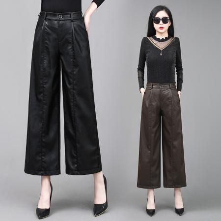 FA49875# PU皮裤韩版宽松八分裤阔腿裤女秋冬新款潮流大码显瘦裤子厚款 服裝批發女裝批發服飾貨源