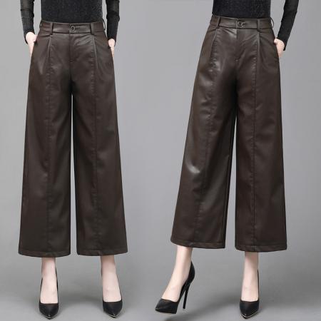 FA49875# PU皮裤韩版宽松八分裤阔腿裤女秋冬新款潮流大码显瘦裤子厚款 服裝批發女裝批發服飾貨源