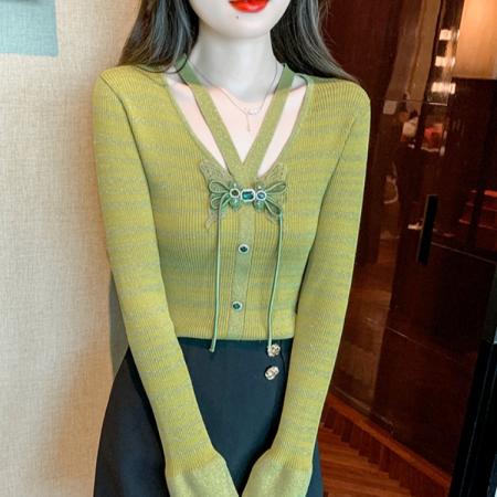 FA49878# 长袖简约修身套头针织面料V领喇叭袖打底衫高级感女装neida 服裝批發女裝批發服飾貨源