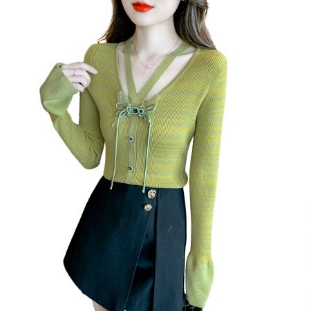 FA49878# 长袖简约修身套头针织面料V领喇叭袖打底衫高级感女装neida 服裝批發女裝批發服飾貨源