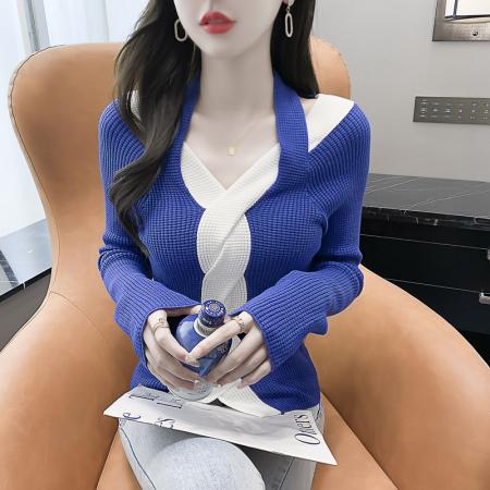 FA49879# 秋冬季长袖设计感毛衣修身显瘦拼色女装高级感上衣针织衫 服裝批發女裝批發服飾貨源