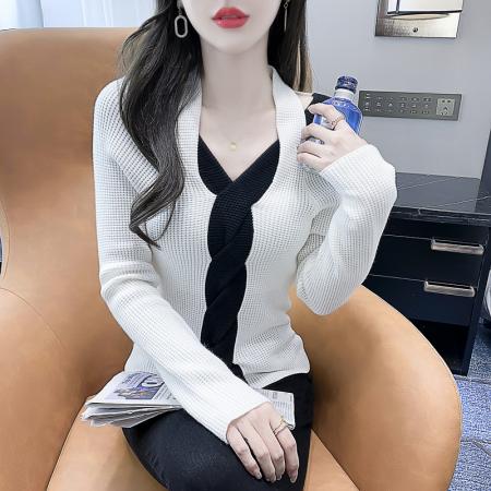 FA49879# 秋冬季长袖设计感毛衣修身显瘦拼色女装高级感上衣针织衫 服裝批發女裝批發服飾貨源