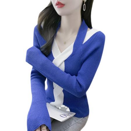 FA49879# 秋冬季长袖设计感毛衣修身显瘦拼色女装高级感上衣针织衫 服裝批發女裝批發服飾貨源