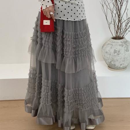 FA49880# 重工拼接印花网纱蛋糕裙半身裙女新款显瘦裙子长裙半裙伞裙 服裝批發女裝批發服飾貨源