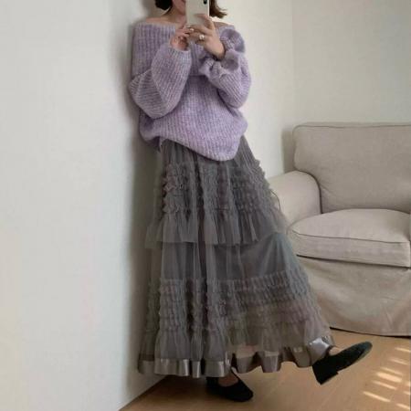 FA49880# 重工拼接印花网纱蛋糕裙半身裙女新款显瘦裙子长裙半裙伞裙 服裝批發女裝批發服飾貨源