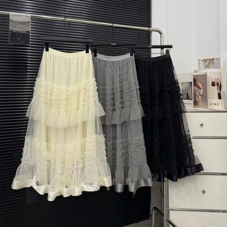 FA49880# 重工拼接印花网纱蛋糕裙半身裙女新款显瘦裙子长裙半裙伞裙 服裝批發女裝批發服飾貨源