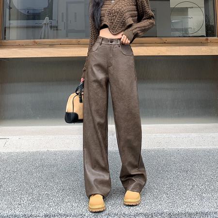 FA49882# 皮裤女新款咖色直筒显瘦休闲皮裤PU皮个性宽松阔腿裤子女秋冬 服裝批發女裝批發服飾貨源