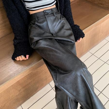 FA49882# 皮裤女新款咖色直筒显瘦休闲皮裤PU皮个性宽松阔腿裤子女秋冬 服裝批發女裝批發服飾貨源