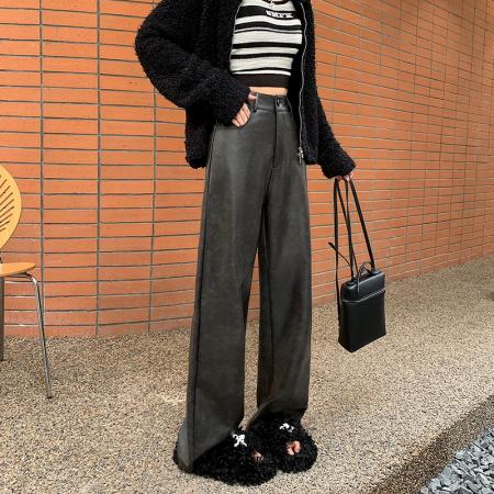 FA49882# 皮裤女新款咖色直筒显瘦休闲皮裤PU皮个性宽松阔腿裤子女秋冬 服裝批發女裝批發服飾貨源