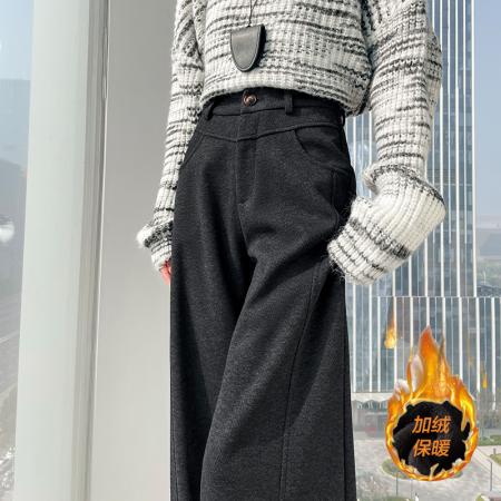 FA49884# 冬季新款加绒加厚直筒阔腿裤灰色香蕉裤女休闲羊毛呢镰刀裤子 服裝批發女裝批發服飾貨源