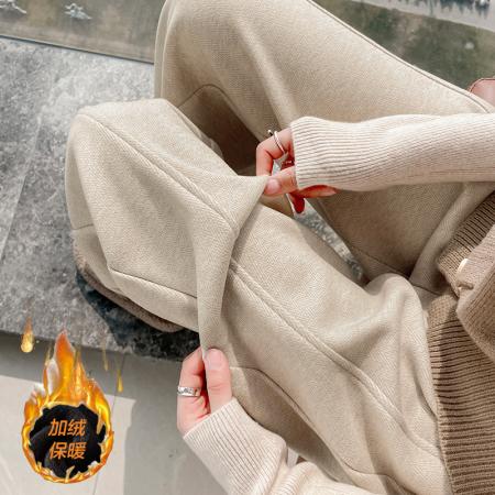 FA49884# 冬季新款加绒加厚直筒阔腿裤灰色香蕉裤女休闲羊毛呢镰刀裤子 服裝批發女裝批發服飾貨源