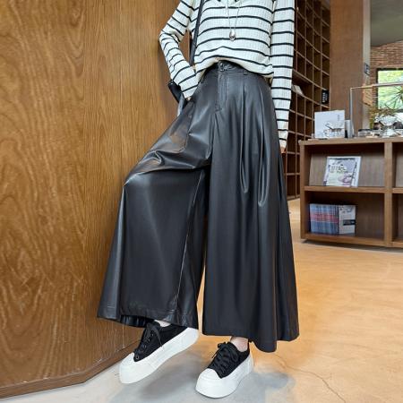 FA49886# 秋冬新款老钱风气质PU皮裤女软皮潮酷九分大裤脚阔腿靴裤休闲裙裤 服裝批發女裝批發服飾貨源