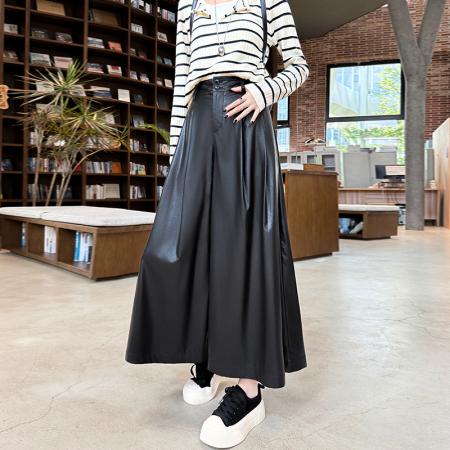 FA49886# 秋冬新款老钱风气质PU皮裤女软皮潮酷九分大裤脚阔腿靴裤休闲裙裤 服裝批發女裝批發服飾貨源